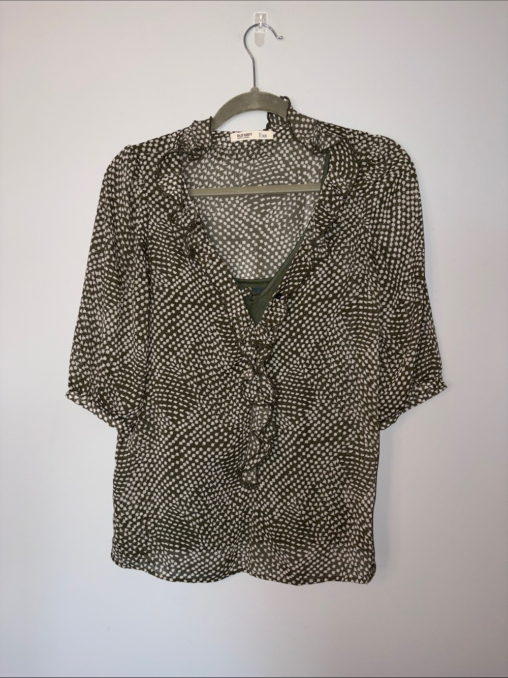 Old Navy Olive and White Polka Dot Ruffle V-Neck Blouse XS